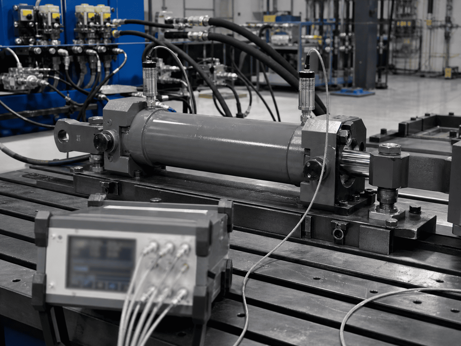 hydraulic cylinder dynamic deceleration pressure spike test rig with high frequency transducers