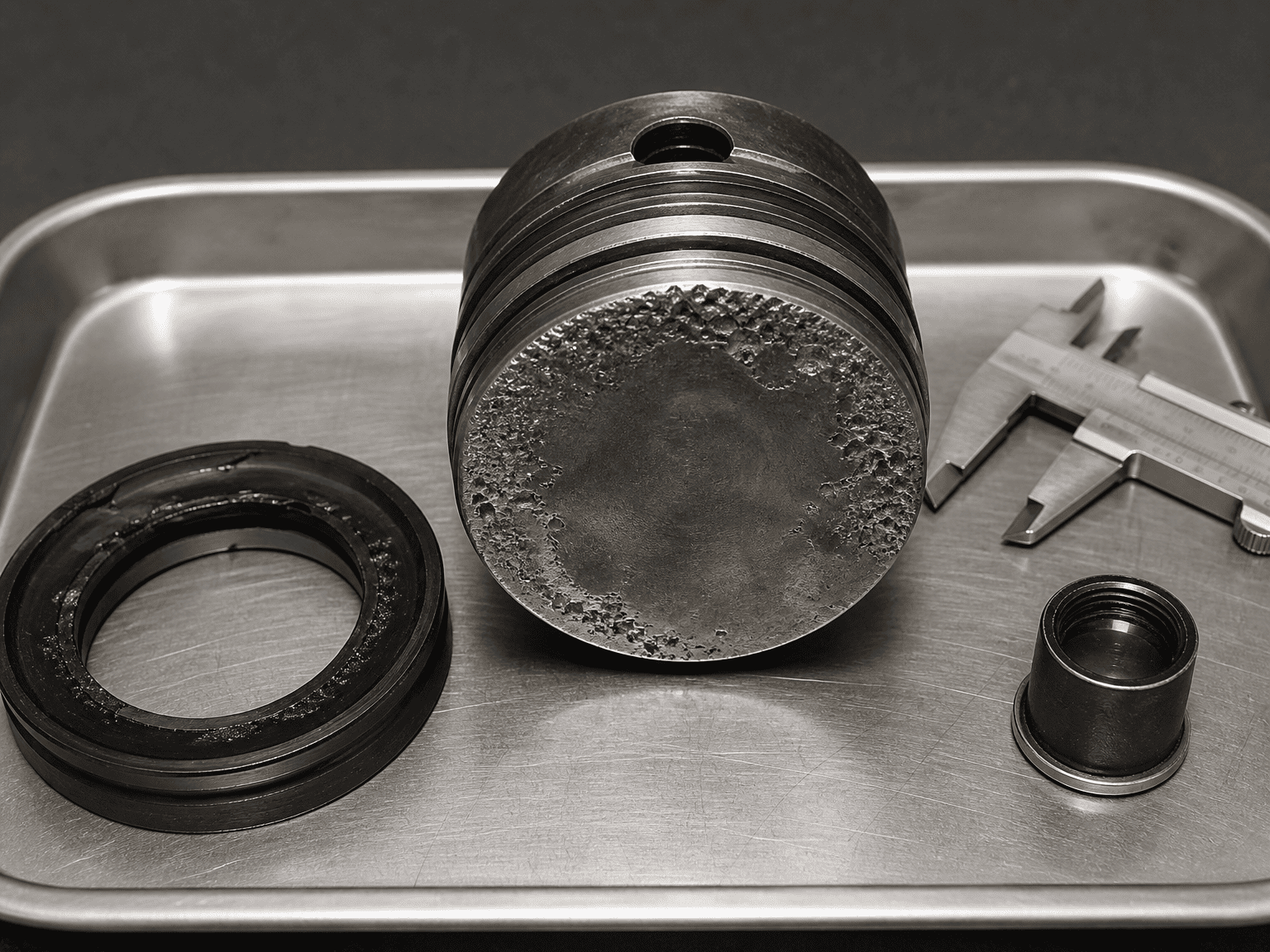 hydraulic cylinder piston crown frosted cavitation pitting and scorched seal failure teardown